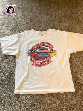 Vintage Two Racing Schools Graphic Tee - White with Red/Blue/Yellow Print